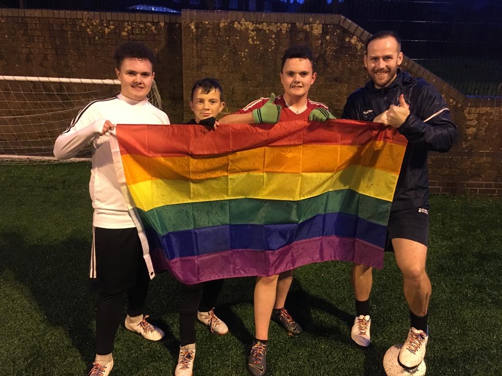 Exeter City Deaf Youth session  members Jay, Alfie, Milan and Ash supporting rainbow laces at Wonford  Sports Centre.JPG